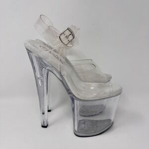 Pleasers Flamingo Clear Glitter Platform Heels – 4" Platform, 8" Heel – Size 7